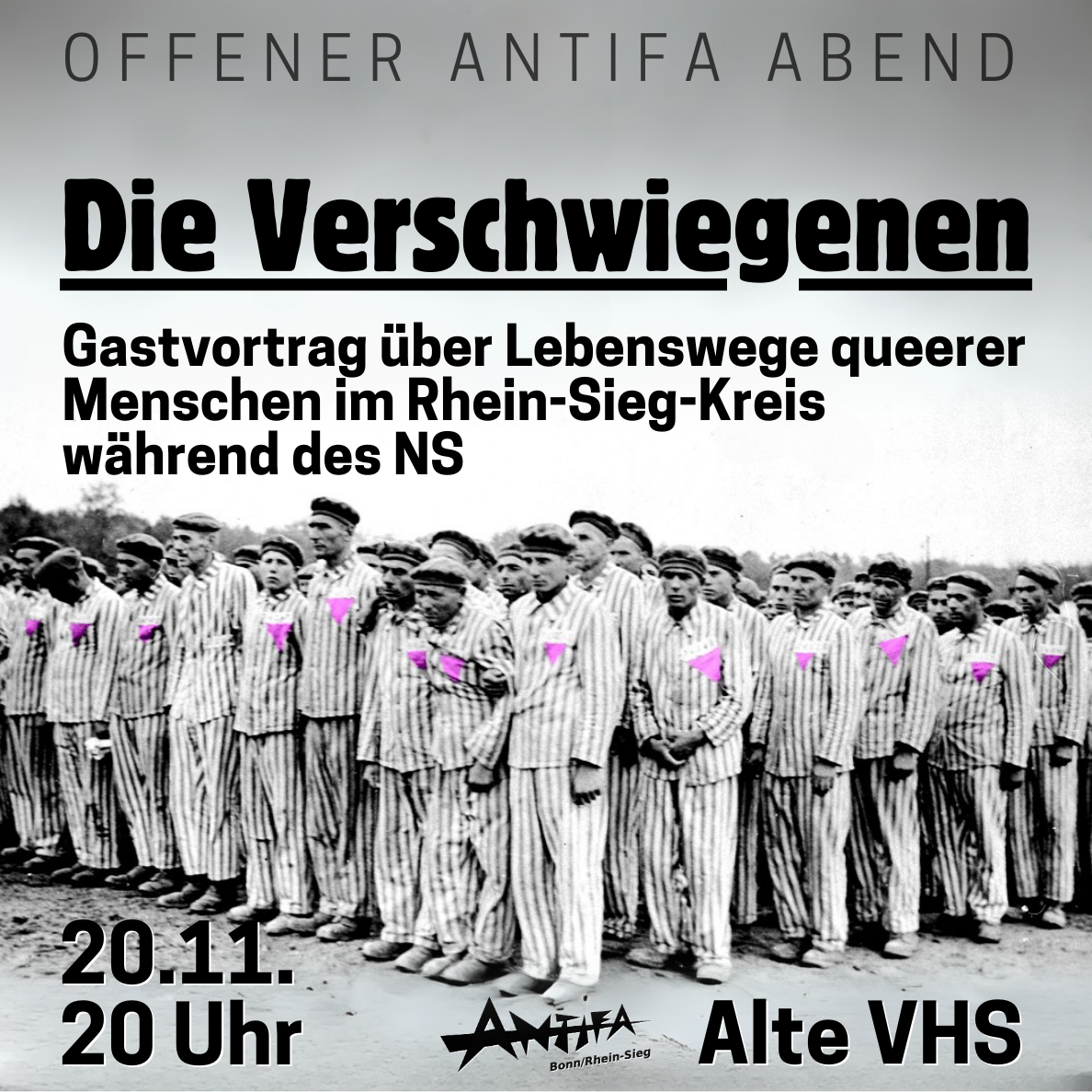 [20.11.24] Offener Antifa Abend: Gastvortrag »Die Verschwiegenen – Lebenswege queerer Menschen im Rhein-Sieg-Kreis während des Nationalsozialismus«